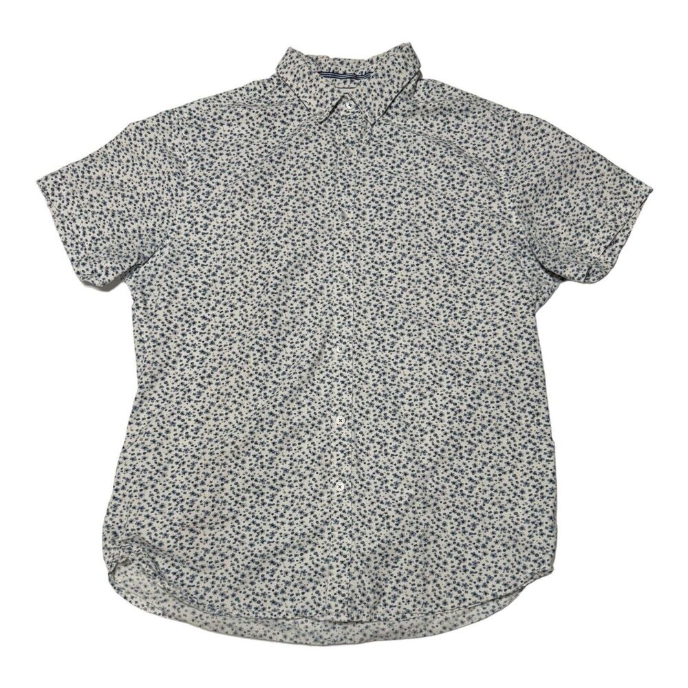 Denim & Flower Men's Shirt Short Sleeve Medium Blue Floral Button Down Slim Fit‎